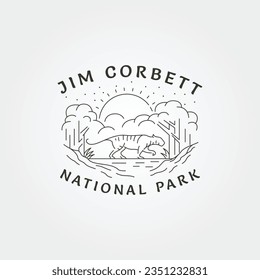 diseño del logo de la línea de arte vintage del parque nacional jim corbett, símbolo del tigre en el logotipo del bosque diseño al aire libre