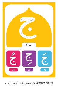 Jim Fathah Kasroh Dhommah. Flashcards of basic Arabic alphabet or hijaiyah letter for children vector illustration