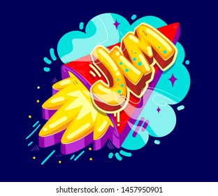 Jim name graffiti style on the rocket start. Vector color boys illustation