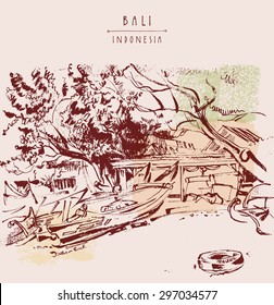 Jimbaran, Bali, Indonesia, Tropical beach, sand, trees, fishing boat, tire, Balinese traditional fisherman village. Brush sketch in retro style. Vintage travel poster template, lettering, copy space.