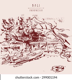 Jimbaran, Bali, Indonesia, Tropical beach, sand, trees, fishing boat, tire, Balinese traditional fisherman village. Brush sketch in retro style. Vintage travel poster template, lettering, copy space