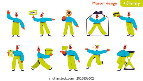 Jimmy mascot design set concept. Happy male mascot standing in different poses and emotional gesturing. Hi, password, search, delivery and other. Vector illustration with abstract drawing character