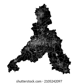 Jinan, China, high resolution vector map with city boundaries, and editable paths. The city map was drawn with white areas and lines for main roads, side roads and watercourses on a black background.