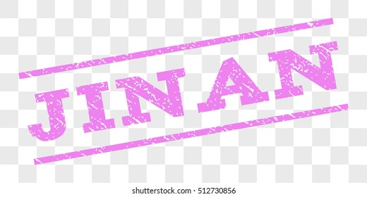 Jinan watermark stamp. Text caption between parallel lines with grunge design style. Rubber seal stamp with dust texture. Vector violet color ink imprint on a chess transparent background.