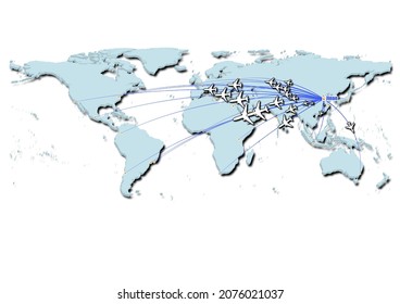 Jinan-China in concept vector illustration, map showing flights from Jinan-China to major cities around the world.