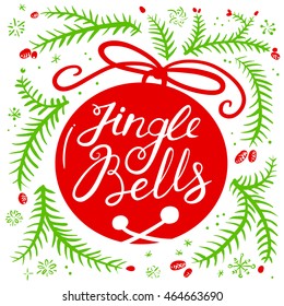 Jingle all the way calligraphic hand drawn lettering. Christmas and New Year background with silhouette of pine tree branches and bell with bow. Design element for seasonal posters and greeting cards