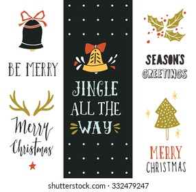 Jingle all the way. Hand drawn Christmas holiday collection with lettering and decoration elements for greeting cards, stationary, gift tags, scrapbooking, invitations.