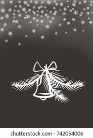 Jingle bell with bow and feathers white silhouette on dark gray background with abstract snowflakes snowballs vector illustration