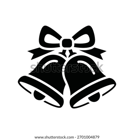 Jingle bell with decorative ribbon bow icon in black silhouette for Christmas ceremony, music, and holiday announcement graphics
