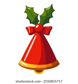 Jingle bell. Holiday bell on a white background. Joyful bell for Christmas. Christmas ring. Christmas bell with red bow and holly on a white background. Jingle Bells with red bow. Xmas bells