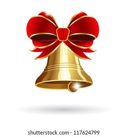 Jingle bell with red bow on a white background. Vector illustration