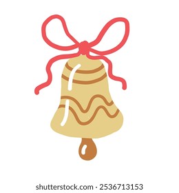 Jingle Bell with Red Ribbon. Christmas hand drawn decoration. 