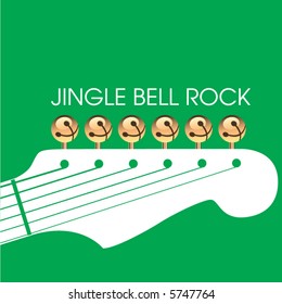 Jingle bell rock is depicted with jingle bells as tuners on a guitar headstock in this Christmas scene