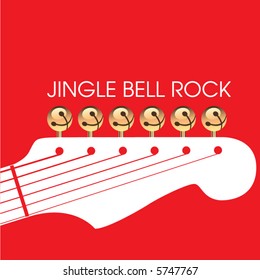 Jingle bell rock is depicted with jingle bells as tuners on a guitar headstock in this Christmas scene