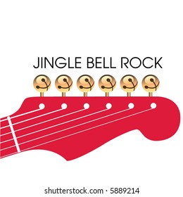 Jingle bell rock is depicted with jingle bells as tuners on a guitar headstock in this Christmas scene