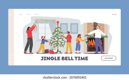 Jingle Bell Time Landing Page Template. Happy Family Decorating Room for Christmas. Mother Decorate Window with Garland, Little Children Hang Toys on Beautiful Fir Tree. Cartoon Vector Illustration
