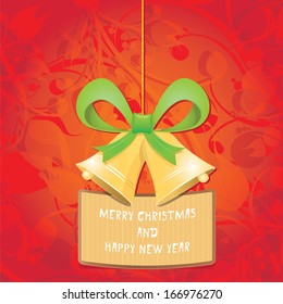 Jingle bells with bow on red floral decorative background. Vector illustration of merry christmas card
