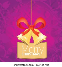 Jingle bells with bow on violet floral decorative background. Vector illustration of merry christmas card