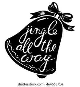 Jingle bells calligraphic hand drawn lettering. Christmas and New Year background with silhouette of pine tree branches and bell with bow. Design element for seasonal posters and greeting cards