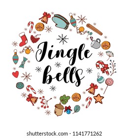 Jingle Bells card with festive items. Holiday frame. Greeting card for New Year and Christmas