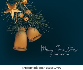 Jingle bells Christmas card with pine branch, golden stars and hand-drawn greeting text.  New Year decoration for advertising, poster, invitations, wallpaper, textile, typography.