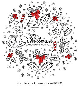 jingle bells Christmas decoration wreath with wishes in English messy seasonal winter holidays black and white card poster centerpiece
