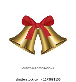 Jingle Bells. Christmas gold bells with red bow. Xmas decoration