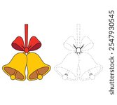 Jingle bells Christmas Hanging on red ribbon coloring pages for kids. Jingle Bells christmas isolated on white background. Golden jingle bells christmas decoration element. Christmas bells vector.