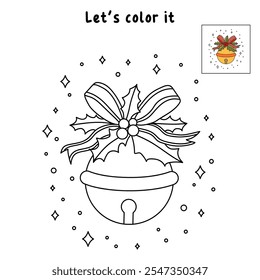Jingle bells Christmas Hanging on red ribbon and holly berries leaves coloring pages for kids. Jingle Bells christmas isolated on white background. Golden jingle bells christmas decoration element.