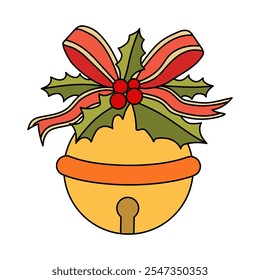 Jingle bells Christmas Hanging on red ribbon and holly berries leaves coloring pages for kids. Jingle Bells christmas isolated on white background. Golden jingle bells christmas decoration element.