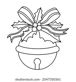 Jingle bells Christmas Hanging on red ribbon and holly berries leaves coloring pages for kids. Jingle Bells christmas isolated on white background. Golden jingle bells christmas decoration element.
