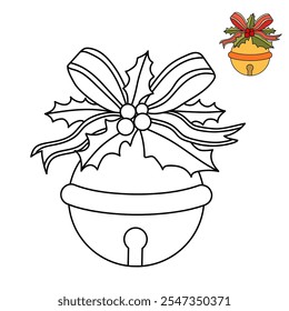 Jingle bells Christmas Hanging on red ribbon and holly berries leaves coloring pages for kids. Jingle Bells christmas isolated on white background. Golden jingle bells christmas decoration element.