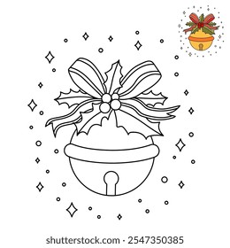 Jingle bells Christmas Hanging on red ribbon and holly berries leaves coloring pages for kids. Jingle Bells christmas isolated on white background. Golden jingle bells christmas decoration element.