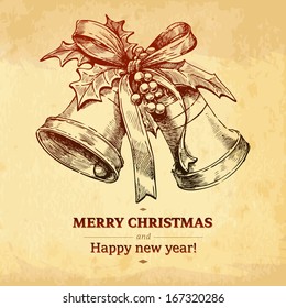 Jingle bells. Christmas & New year holidays vector hand drawn illustration with Xmas bells decoration with ribbon