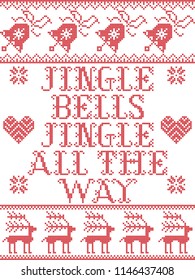 Jingle bells jingle bells Christmas song Scandinavian vector seamless pattern inspired by nordic culture festive winter in cross stitch with heart, snowflake, reindeer, bells,  snow, Christmas tree

