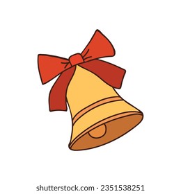 Jingle bells colorful doodle illustration in vector. Christmas bell with ribbon and bow colorful drawn outline icon.