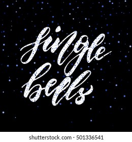 Jingle bells - freehand ink hand drawn calligraphic design for Xmas greetings cards, invitations. Handwritten calligraphy on blue stars texture background. Vector illustration isolated