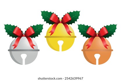 Jingle Bells in Gold, Silver and Bronze Colors, with Leaves and Red Bow. Transparent Background.