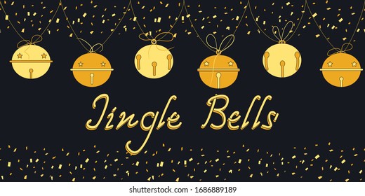 Jingle bells hand drawn lettering. Seamless border with hanging bells. Christmas card with confetti, a garland of golden bells and the inscription Jingle Bells. Xmas and New Year vector background