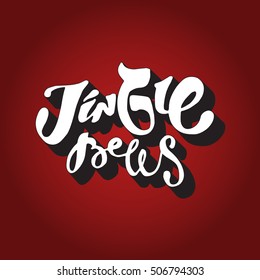 Jingle bells. Handwritten lettering, calligraphy, red background. used for banners, labels, postcards, prints, posters, web. Vector retro illustration
