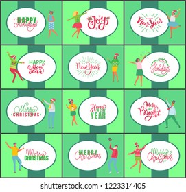 Jingle bells happy New Year and Merry Christmas celebration posters on green background. People with champagne drinking alcohol and dancing. Fun party of man and woman
