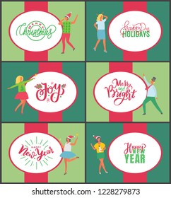 Jingle bells happy New Year and Merry Christmas celebration posters on multicolor background. People with champagne drinking alcohol and dancing. Fun party of man and woman