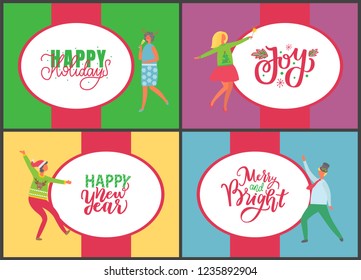 Jingle bells happy New Year and Merry Christmas celebration posters on multicolor background. People with champagne drinking alcohol and dancing. Fun party of man and woman