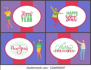 Jingle bells happy New Year and Merry Christmas celebration posters on multicolor background. People with champagne drinking alcohol and dancing. Fun party of man and woman