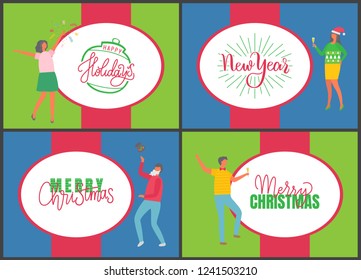 Jingle bells happy New Year and Merry Christmas celebration posters on multicolor background. People with champagne drinking alcohol and dancing. Fun party of man and woman