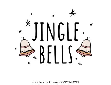 Jingle bells illustration with cute bells and snowflakes isolated on white. Hand drawn vector Christmas banner or template for holiday design, prints and posters. New Year festive illustration