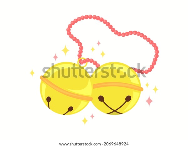 Jingle bells isolated. Two\
sleigh golden bells with chain and stars. Vector object\
illustration.