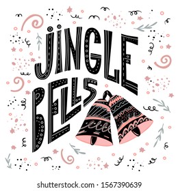 Jingle bells lettering with Christmas bells isolated on white background. Winter holiday symbol. Christmas celebration design for Xmas greetings cards, invitations.