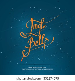 Jingle bells lettering. Handwritten vector calligraphy at blue background with snowflakes.