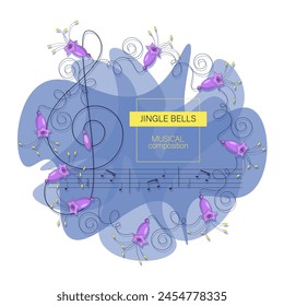 Jingle bells. Musical composition. Square frame. Purple bells. Vector flowers border. Campanula bells 